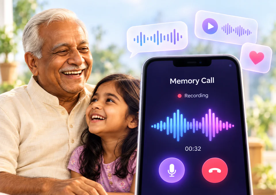 A grandfather and his granddaughter recording a Memory Call together
