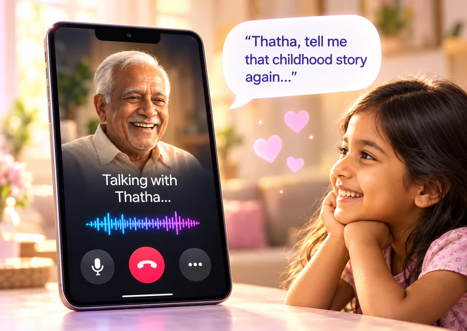 A girl asking her grandfather, on the phone, to tell a childhood story again