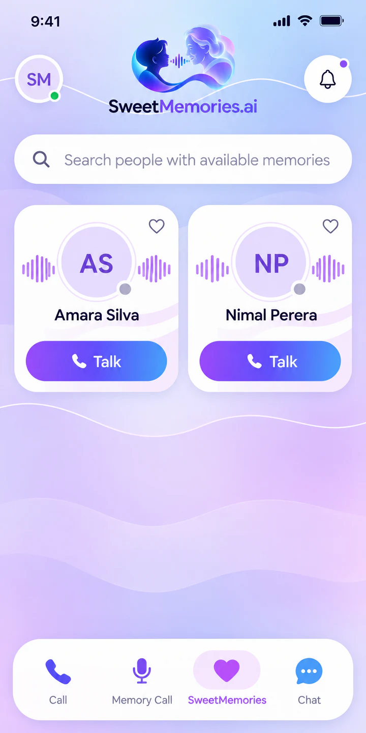 The SweetMemories home screen: people with memories, each with a Talk button